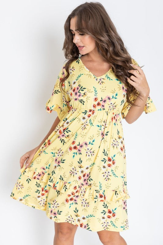 Women's Floral V Neck Ruffle Dress