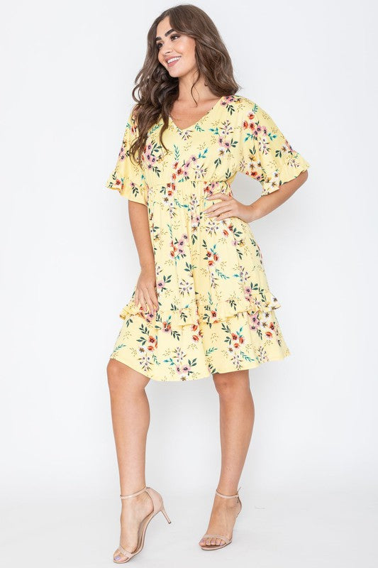 Women's Floral V Neck Ruffle Dress