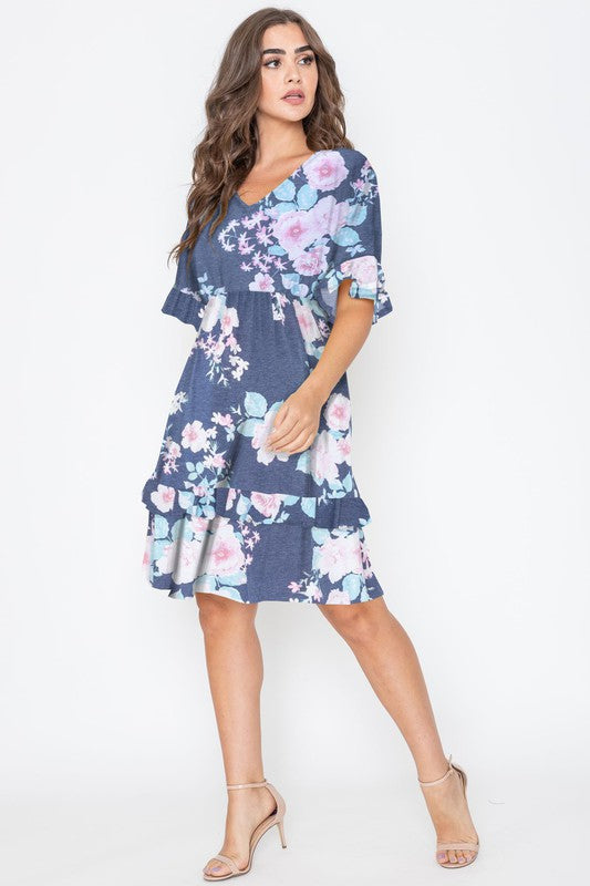 Women's Floral V Neck Ruffle Dress