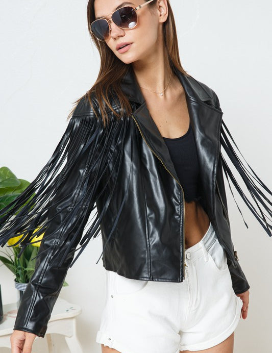 Faux Leather Moto Fringe Jacket