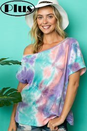 Women's Tie Dye Thermal One Shoulder Short Sleeve Plus Top