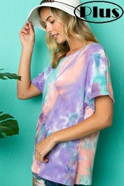 Women's Tie Dye Thermal One Shoulder Short Sleeve Plus Top