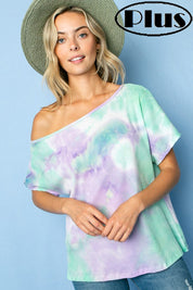 Women's Tie Dye Thermal One Shoulder Short Sleeve Plus Top