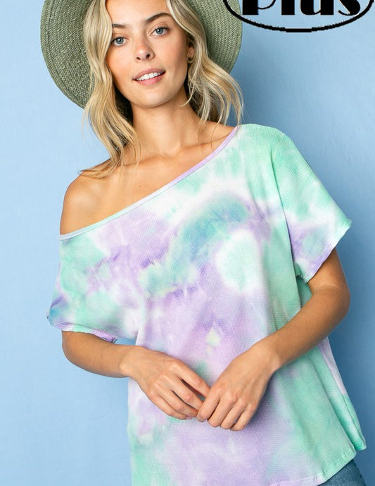 Women's Tie Dye Thermal One Shoulder Short Sleeve Plus Top