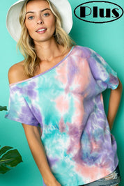 Women's Tie Dye Thermal One Shoulder Short Sleeve Plus Top