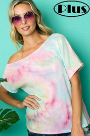 Women's Tie Dye Thermal One Shoulder Short Sleeve Plus Top