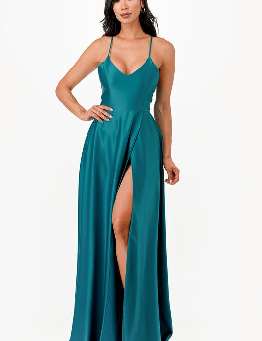 open side back spaghetti zig zag tie satin gown