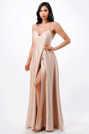 open side back spaghetti zig zag tie satin gown