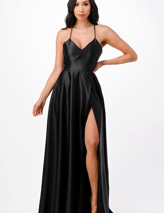 open side back spaghetti zig zag tie satin gown