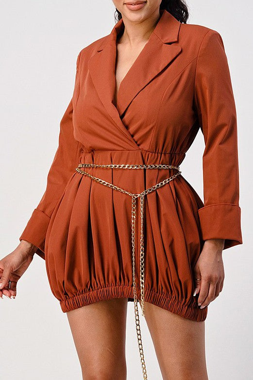 Women's Terracotta Trench Romper with Gold Chain Belt