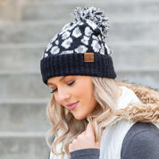 Women's Leopard Print Knitted Pom Beanie