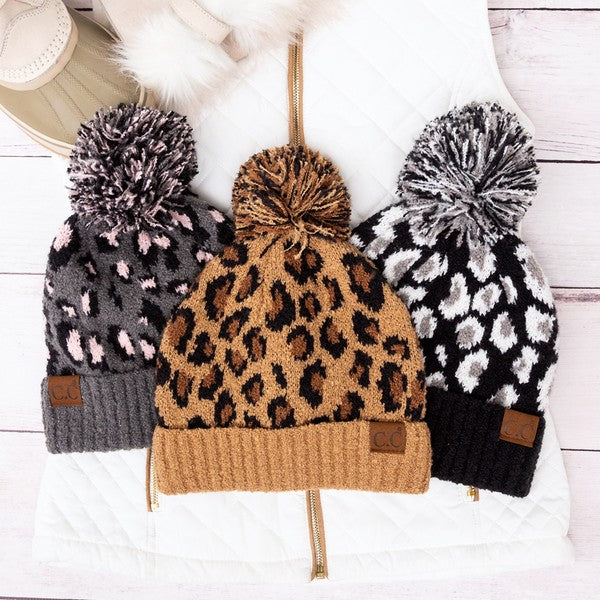 Women's Leopard Print Knitted Pom Beanie