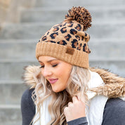 Women's Leopard Print Knitted Pom Beanie