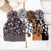 Women's Leopard Print Knitted Pom Beanie