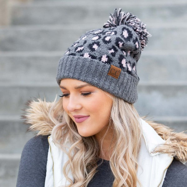 Women's Leopard Print Knitted Pom Beanie