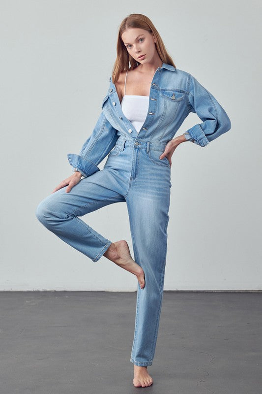 Women's Casual High Waist Denim Jumpsuit with Flap Pockets