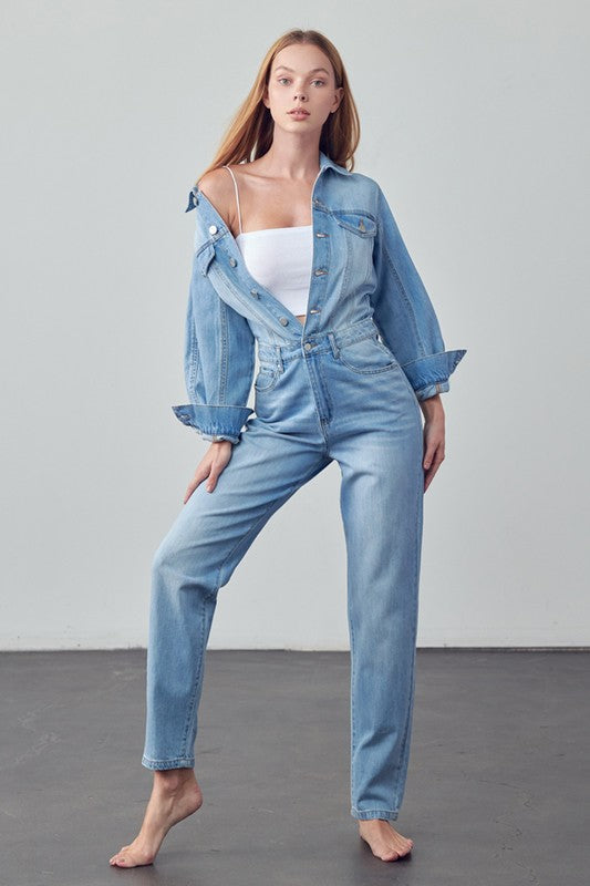 Women's Casual High Waist Denim Jumpsuit with Flap Pockets