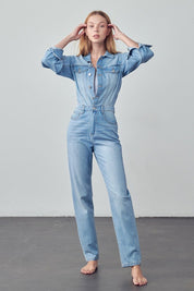 Women's Casual High Waist Denim Jumpsuit with Flap Pockets