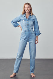 Women's Casual High Waist Denim Jumpsuit with Flap Pockets