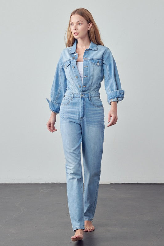 Women's Casual High Waist Denim Jumpsuit with Flap Pockets