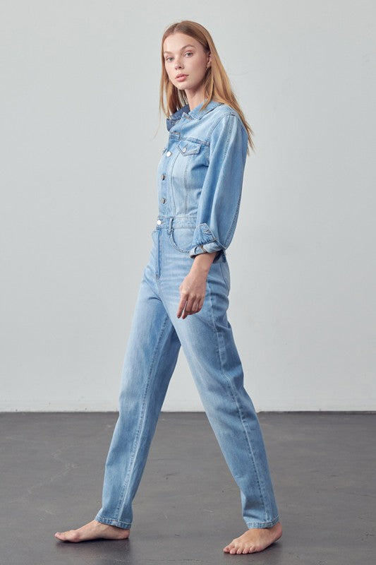 Women's Casual High Waist Denim Jumpsuit with Flap Pockets