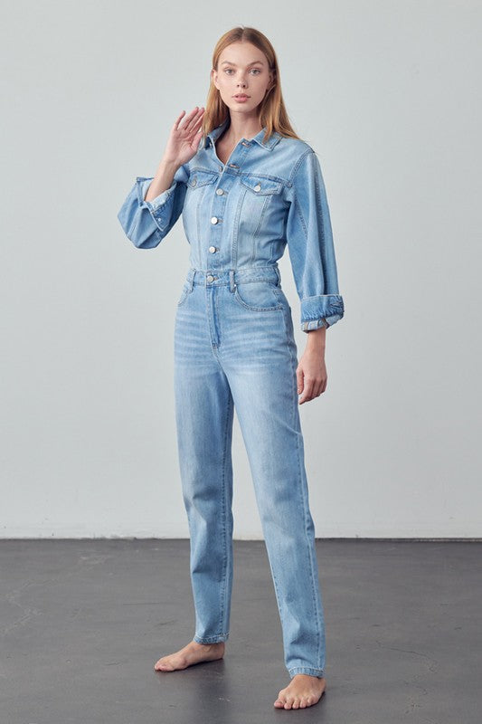 Women's Casual High Waist Denim Jumpsuit with Flap Pockets