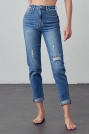 Women's High Rise Distressed Slim Fit Girlfriend Jeans