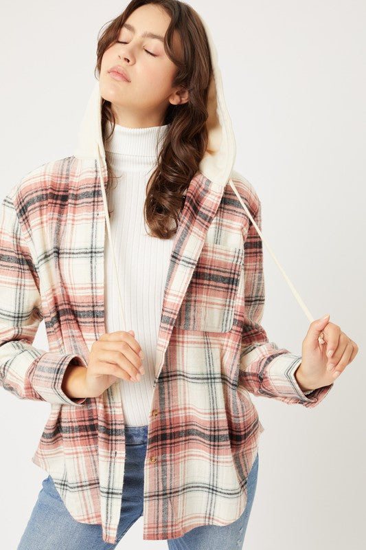 Women's Oversized Plaid Flannel Shacket with Hood