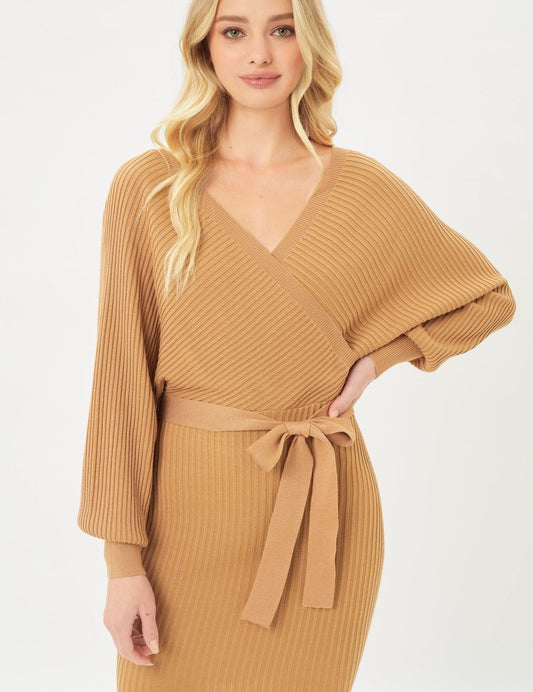 Off Shoulder Wrap Belted Ribbed Knit Dress