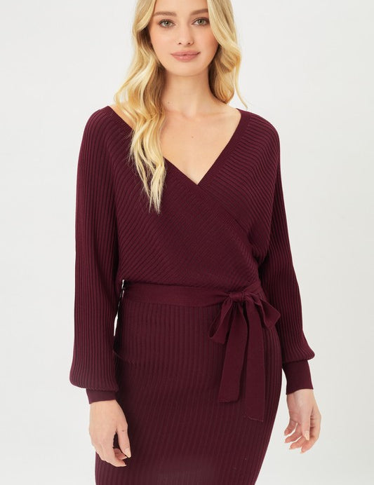 Off Shoulder Wrap Belted Ribbed Knit Dress