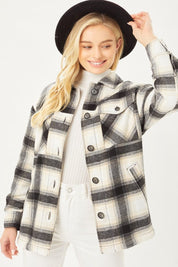 Women's Oversized Plaid Button-Up Jacket with Sherpa Lining