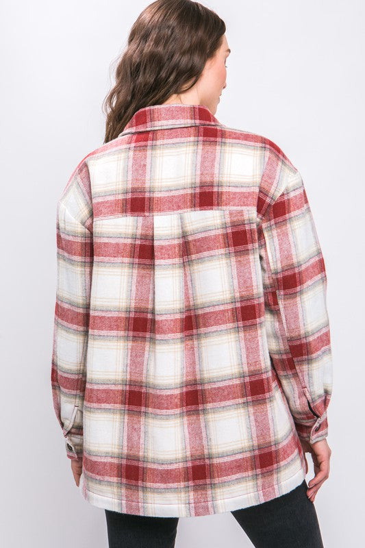 Women's Oversized Plaid Button-Up Jacket with Sherpa Lining