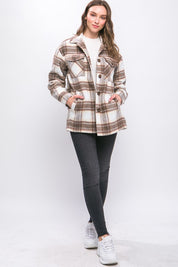 Women's Oversized Plaid Button-Up Jacket with Sherpa Lining