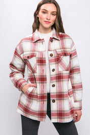 Women's Oversized Plaid Button-Up Jacket with Sherpa Lining