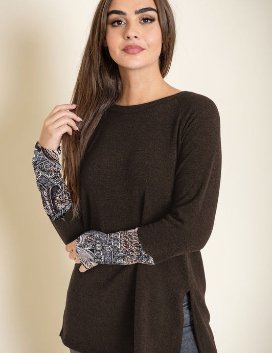 Women's Knit Side Slit Paisley Cuff Tunic