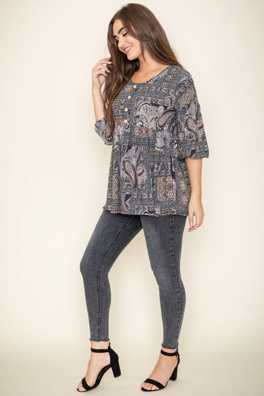 Women's Button Accent Paisley Top