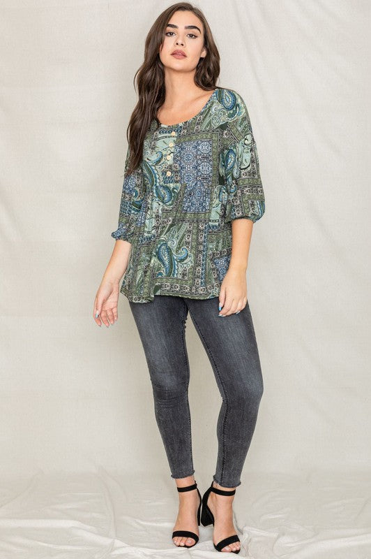 Women's Plus Button Accent Paisley Top