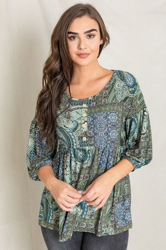 Women's Plus Button Accent Paisley Top