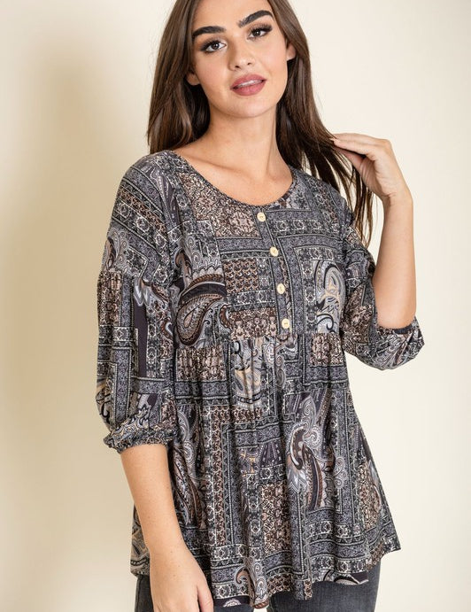 Women's Button Accent Paisley Top