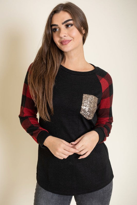 Women's Plus Checker Sleeve Sequin Pocket Tunic