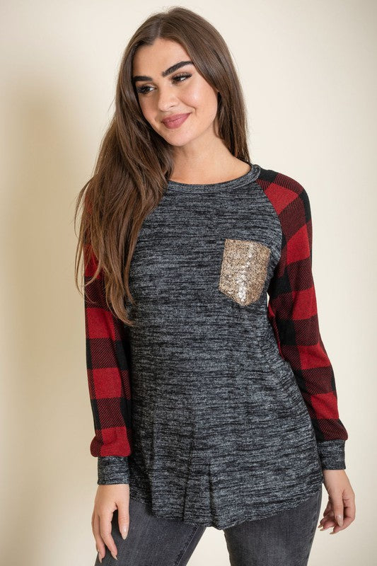 Women's Sequin Pocket Tunic with Checker Sleeves