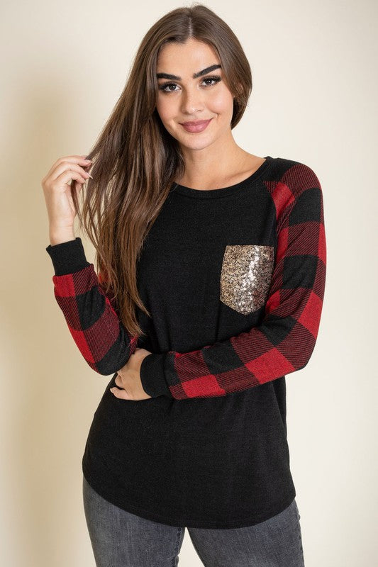 Women's Sequin Pocket Tunic with Checker Sleeves