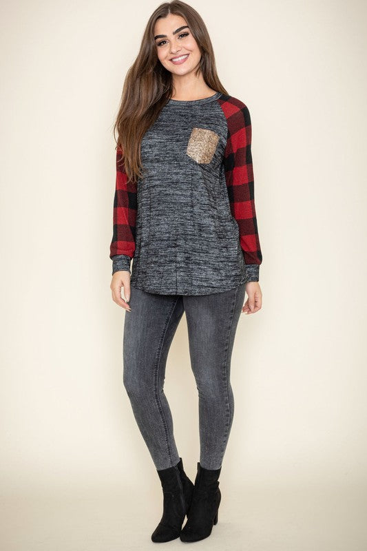 Women's Sequin Pocket Tunic with Checker Sleeves