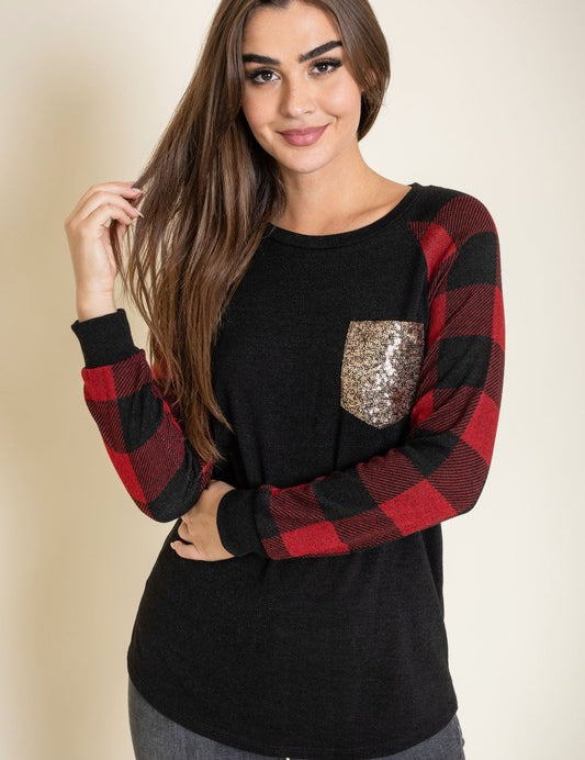 Women's Plus Checker Sleeve Sequin Pocket Tunic