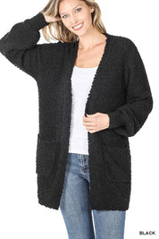 Women's Casual Puff Sleeve Popcorn Cardigan with Pockets