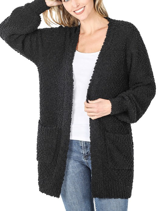 Women's Casual Puff Sleeve Popcorn Cardigan with Pockets