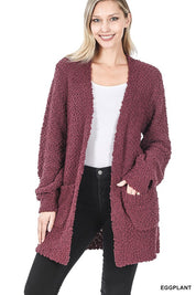 Women's Casual Puff Sleeve Popcorn Cardigan with Pockets