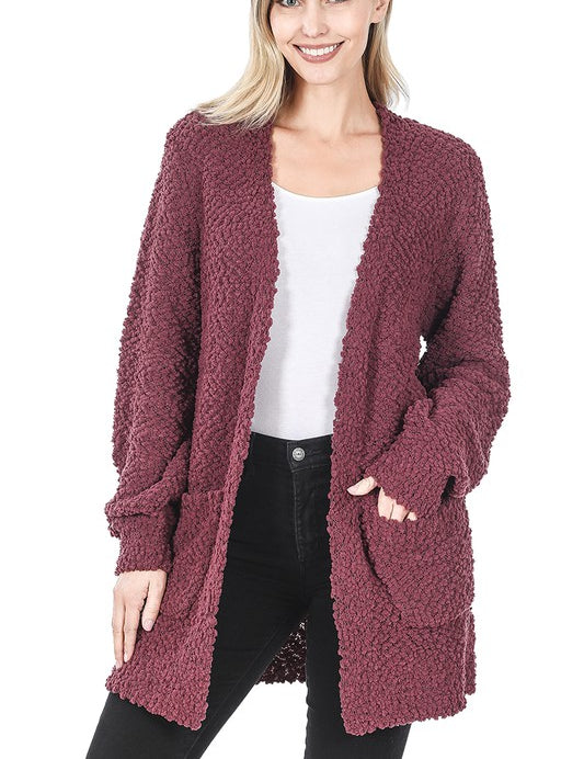 Women's Casual Puff Sleeve Popcorn Cardigan with Pockets