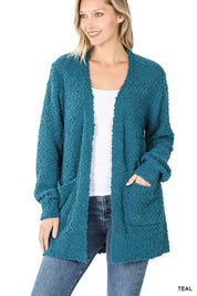 Women's Casual Puff Sleeve Popcorn Cardigan with Pockets