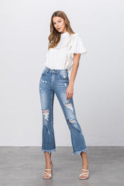 Women's Distressed Mid Rise Crop Flare Jeans